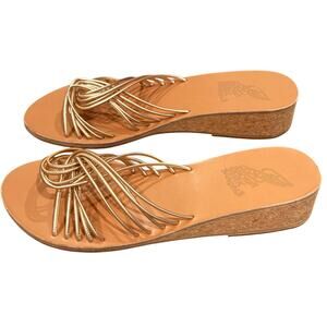 Ancient Greek Sandals Metallic Gold Strappy Cork Wedge Slides Size 42